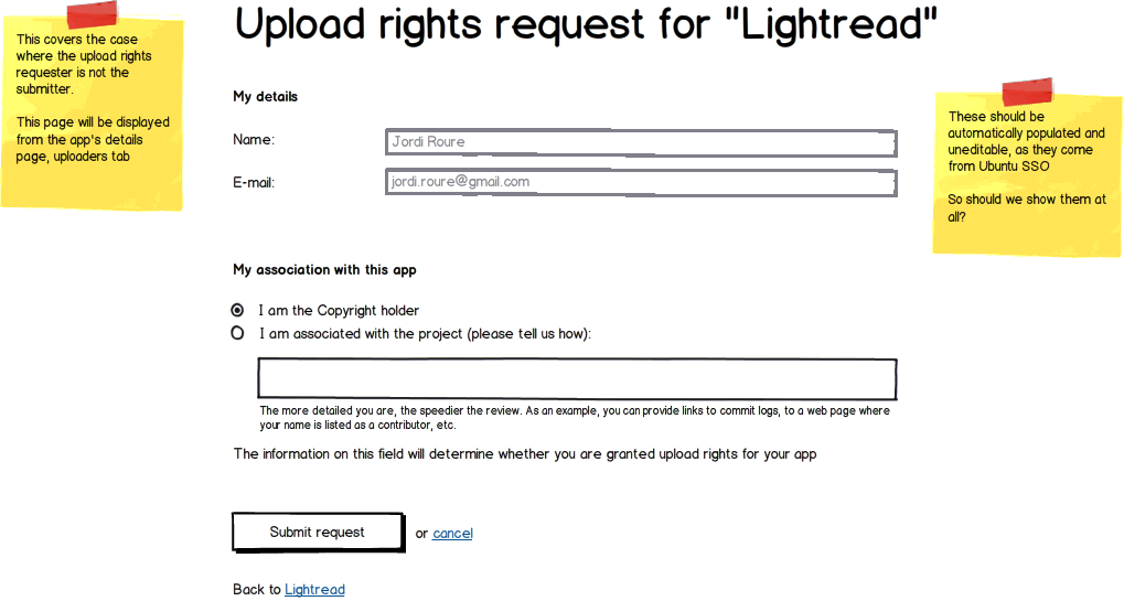 Upload rights request page