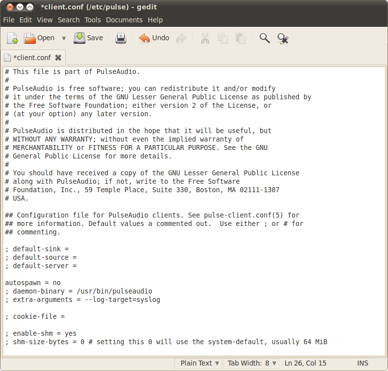 Gedit /etc/pulse/client.