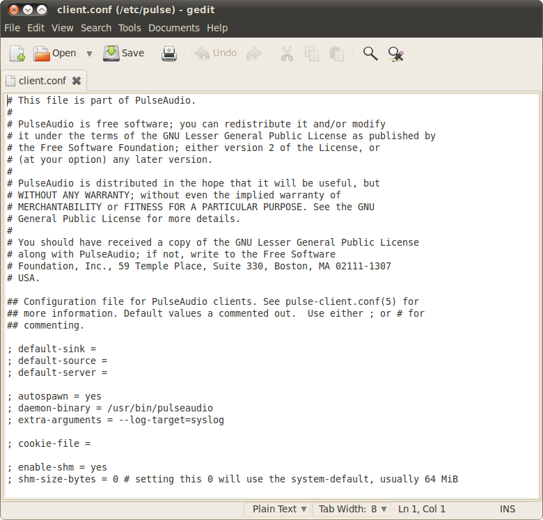 Gedit /etc/pulse/client.