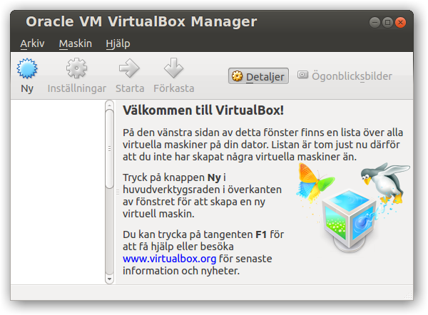Fönstret för VirtualBox vid första start