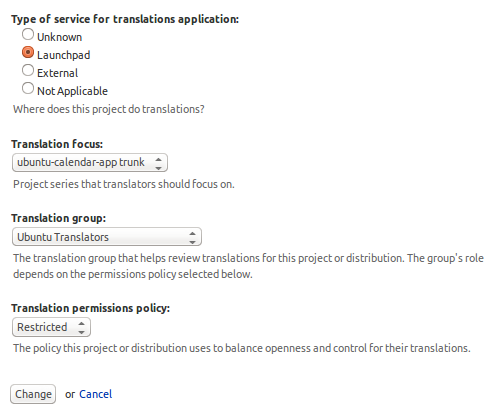 Project translations settings in Launchpad