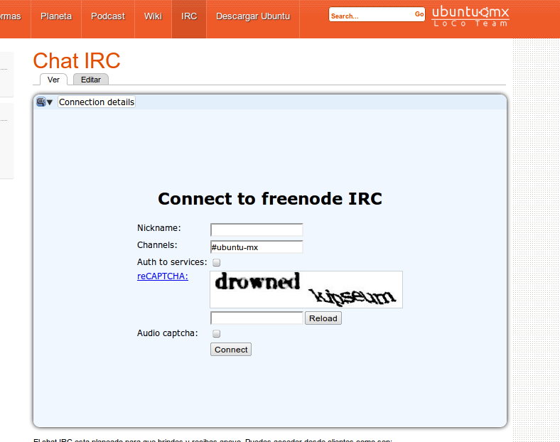 canal IRC dentro del sitio de Ubuntu México