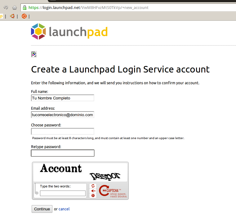 creando cuenta en launchpad