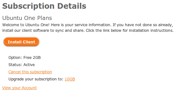 Ubuntu One subscription details screen
