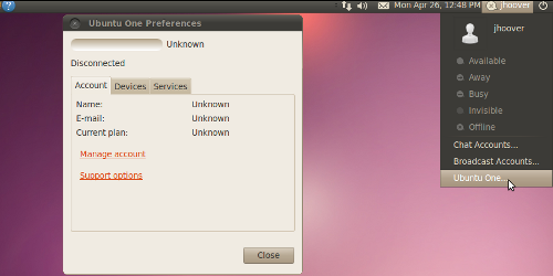 Me menu with Ubuntu One Preferences open