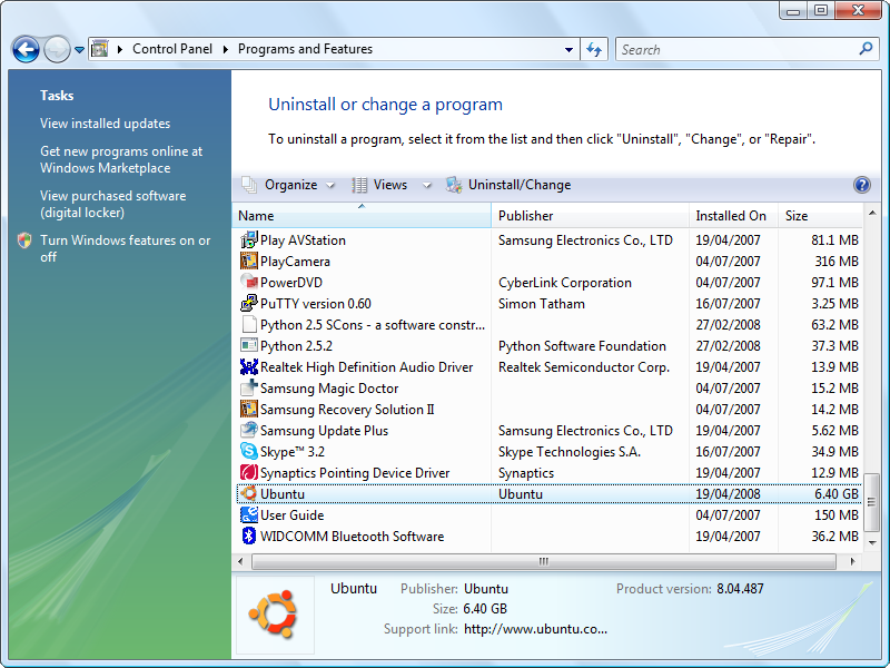 Screenshot des Windows-Dialogfelds "Programme und Funktionen", in dem angezeigt wird, wo sich Ubuntu befindet.